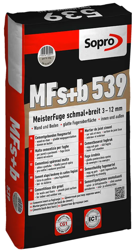 Fugenmasse Sopro MeisterFuge MFs+b 539 schmal + breit 3-12 mm grau 15 - 25 kg Fugenmasse Sopro MeisterFuge MFs+b 539 schmal + breit 3-12 mm grau 15 - 25 kg