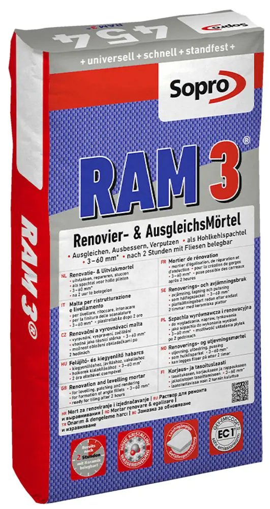 Fliesenkleber Sopro RAM 3 Renovier- & AusgleichsMörtel 25 kg Fliesenkleber Sopro RAM 3 Renovier- & AusgleichsMörtel 25 kg